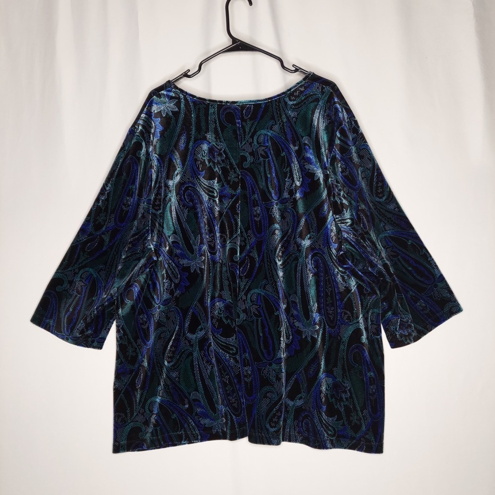 Catherines Paisley Velvet Top Women 26/28 Blue Black Stretch 3/4 Scoop Velour - Picture 3 of 8